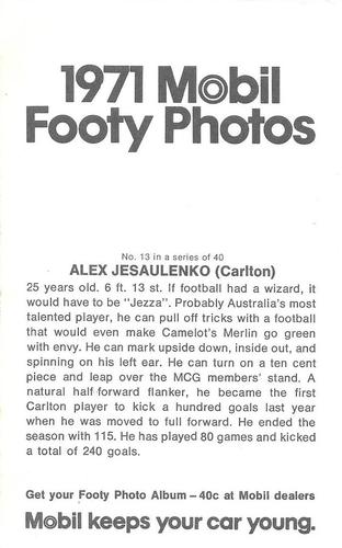 1971 Mobil Footy Photos VFL #13 Alex Jesaulenko Back